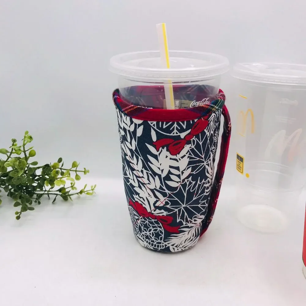 Drink Coozie w Handle Hot Cold Insulated Christmas Navy, Red, Plaid, Pinecones